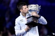 Novak Djokovic kissing the 2023 Australian Open trophy